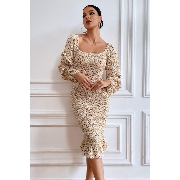 Women's Floral Midi Dress Polyester Long Puff Sleeve Square Neck Ruffle - Picture 5 of 5